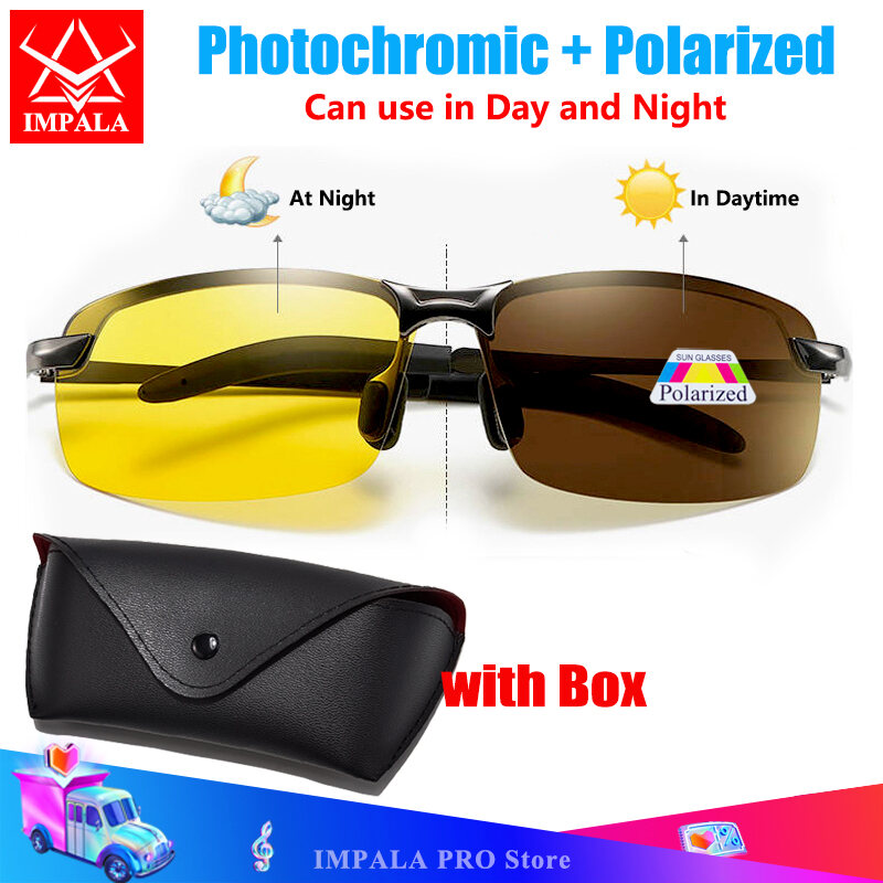 IMPALA PG036K Fashion Photochromic Polarized Sunglasses for Men Metal Frame Anti Glare Resin Anti Shatter Lens Day and Night 2 in1 Outdoor Sports Eyewear for Driving and Fishing with Glasses Case