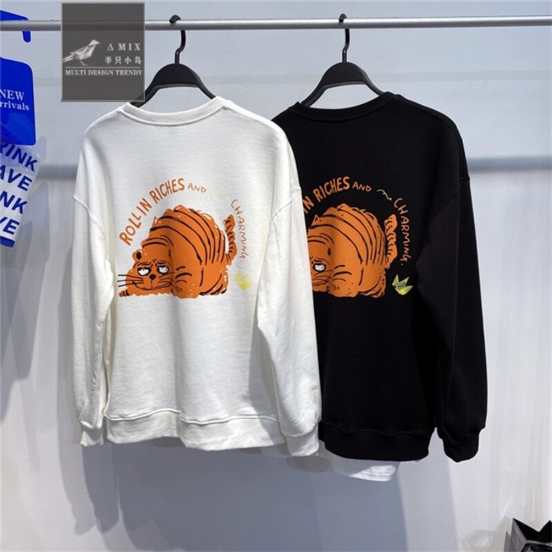 [Bird Family Peace] Original Men's Spring Tiger Printed round Neck Sweater Men's Cotton Shirt Trendy Brand Bottoming Shirt