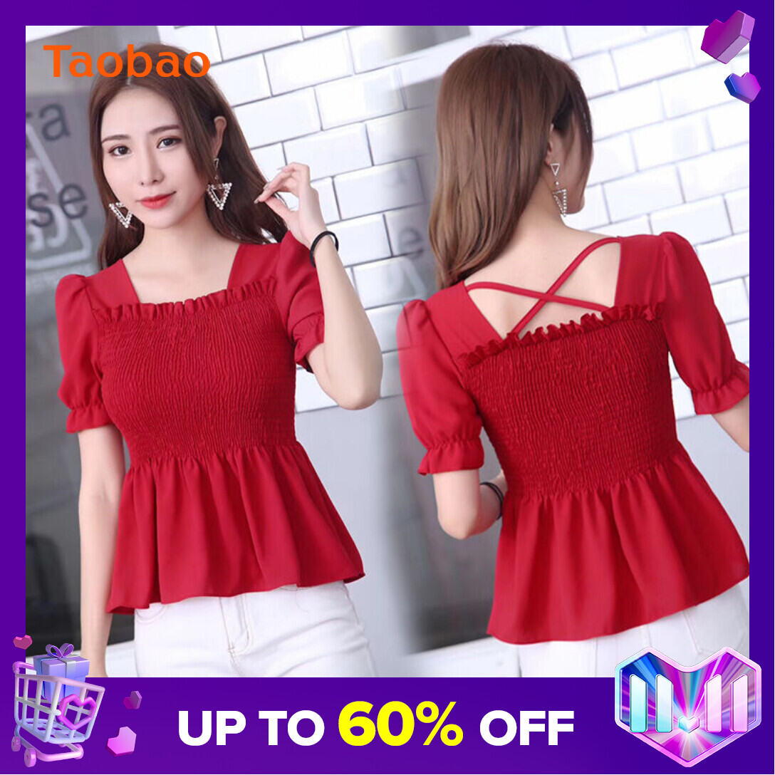 Wooden Ear Ruffle Skirt Swing Top 2019 Spring and Summer New Square Collar Puff Sleeve Waist Hugging Slimming Chiffon Shirt Women's Short Sleeve