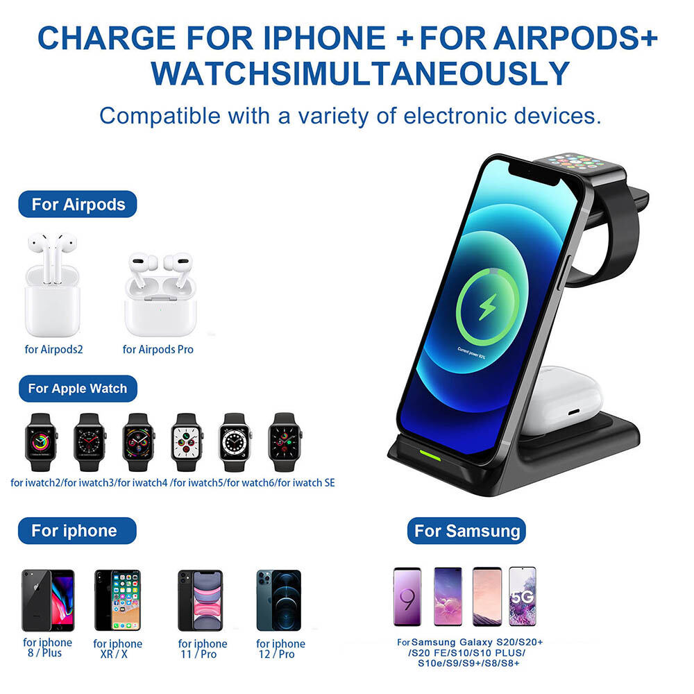 15W Wireless Charger Stand For IPhone 13 12 11 XR 8 Apple Watch 3 In 1 Qi Fast Charging Dock Station for Airpods Pro IWatch 7 6