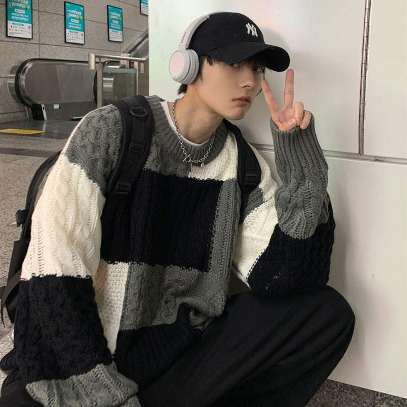 Contrasting Color round Neck Sweater Men's Autumn and Winter New Lazy Style Plaid All-Match Sweater Trendy Brand Bottoming Sweater