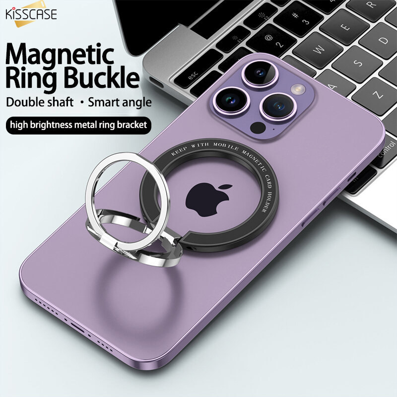 KISSCASE 360° Rotatable Foldable Magnetic Cell Phone Ring Holder Compatible For iPhone 14 Pro Max Plus 13 12 Series MagSafe Ring Buckle Removable Cell Phone Metal Bracket Grip Kickstand