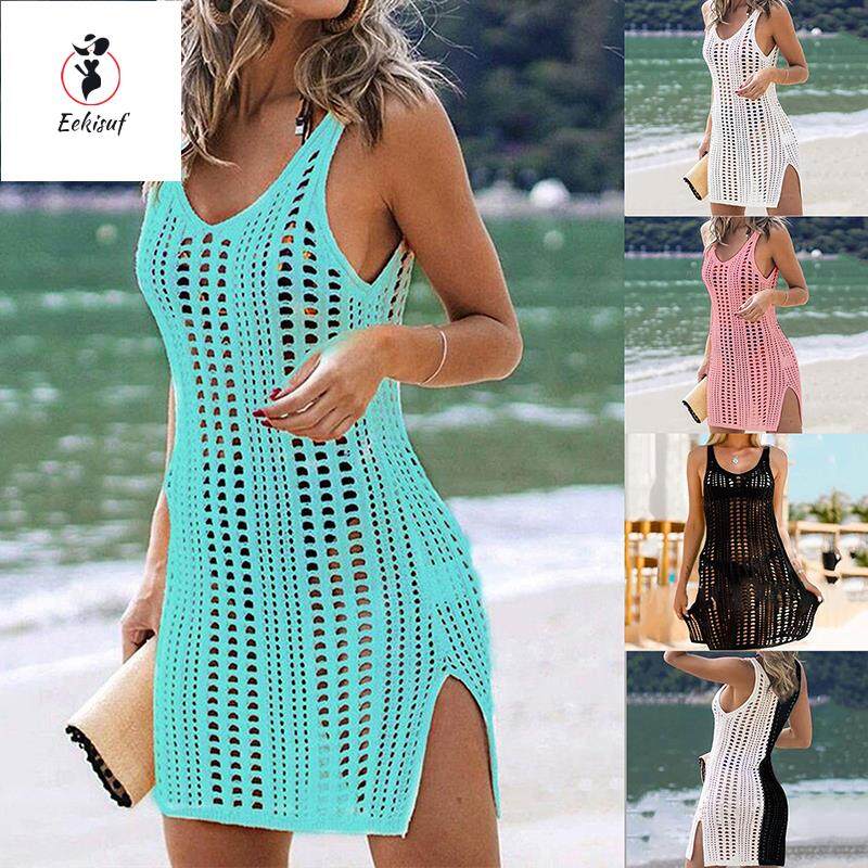 Eekisuf Sexy Hollow Out Beach Dress Women V Neck Sleeveless Crochet Swimsuit Cover Up Vestidos Female Bathing Suit
