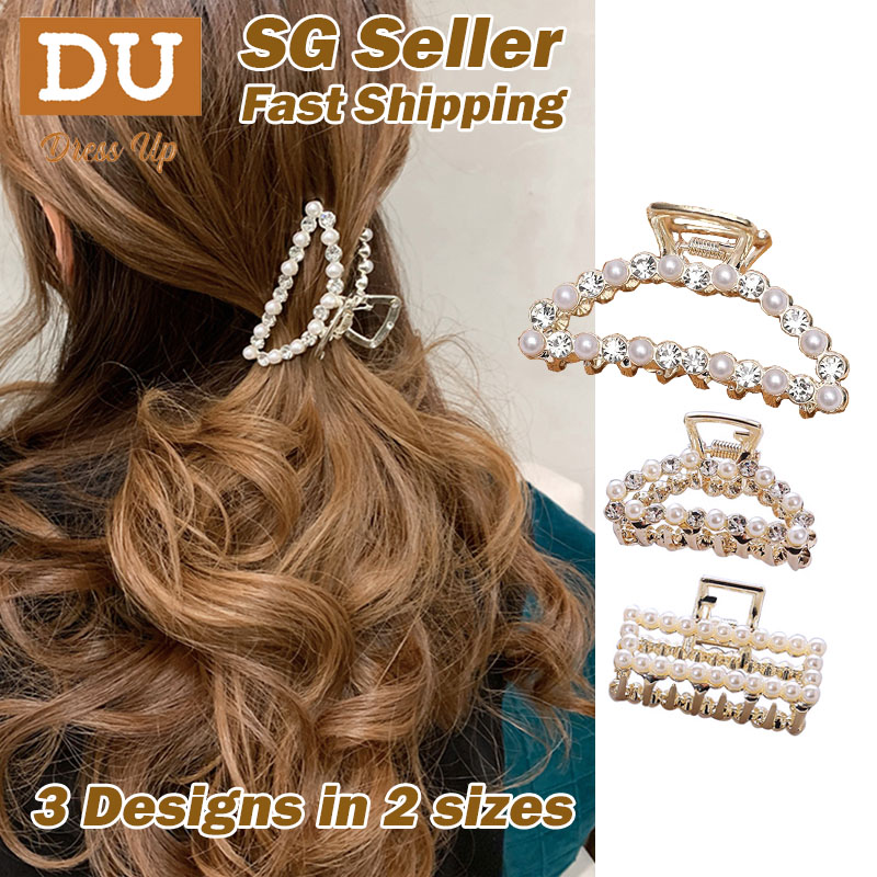 [SG] Shining Elegant Faux Pearl Metal Hair Clip with Crystals, Small and Medium Korean Style Metallic Hair Claw Hair Clamp Grip