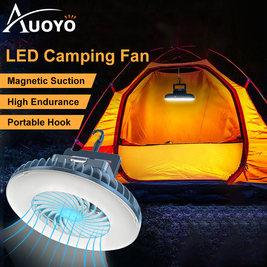 Auoyo Portable Camp Light Camping Lamp with Fan Outdoor Lighting Rechargeable Hanging Tent light Night light Magnetic Market Lamp Outdoor Portable Cooling Fan Light Lantern lamp