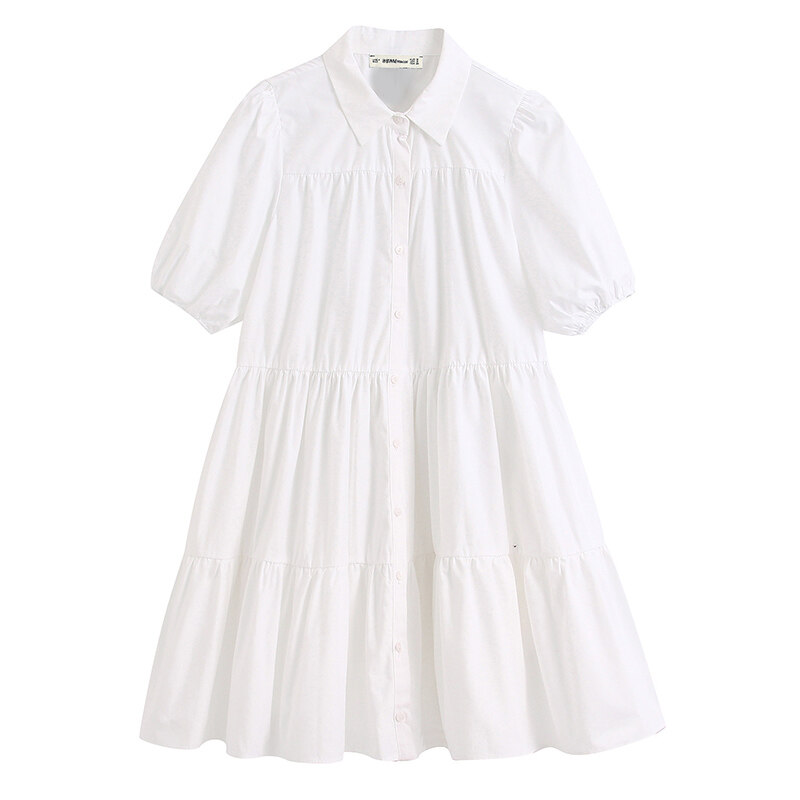 Women Fashion Lapel Dress Single-breasted Solid Color Puff Sleeves Skirt Short Sleeves Loose Dress