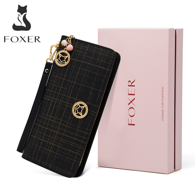 FOXER Brand Women Cow Leather Wallet Simple Coin Purses Fashion Zipper Long Wallets Female Clutch Bag Multifunction Card Holder