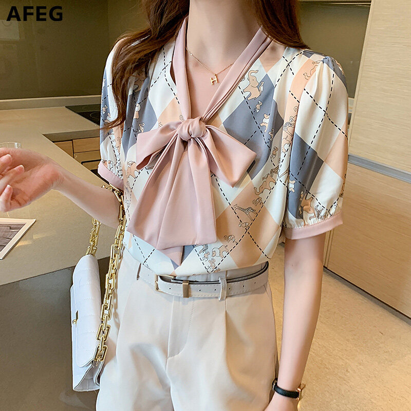 AFEG Korean style women's short-sleeved printed bow tie temperament blouse for women