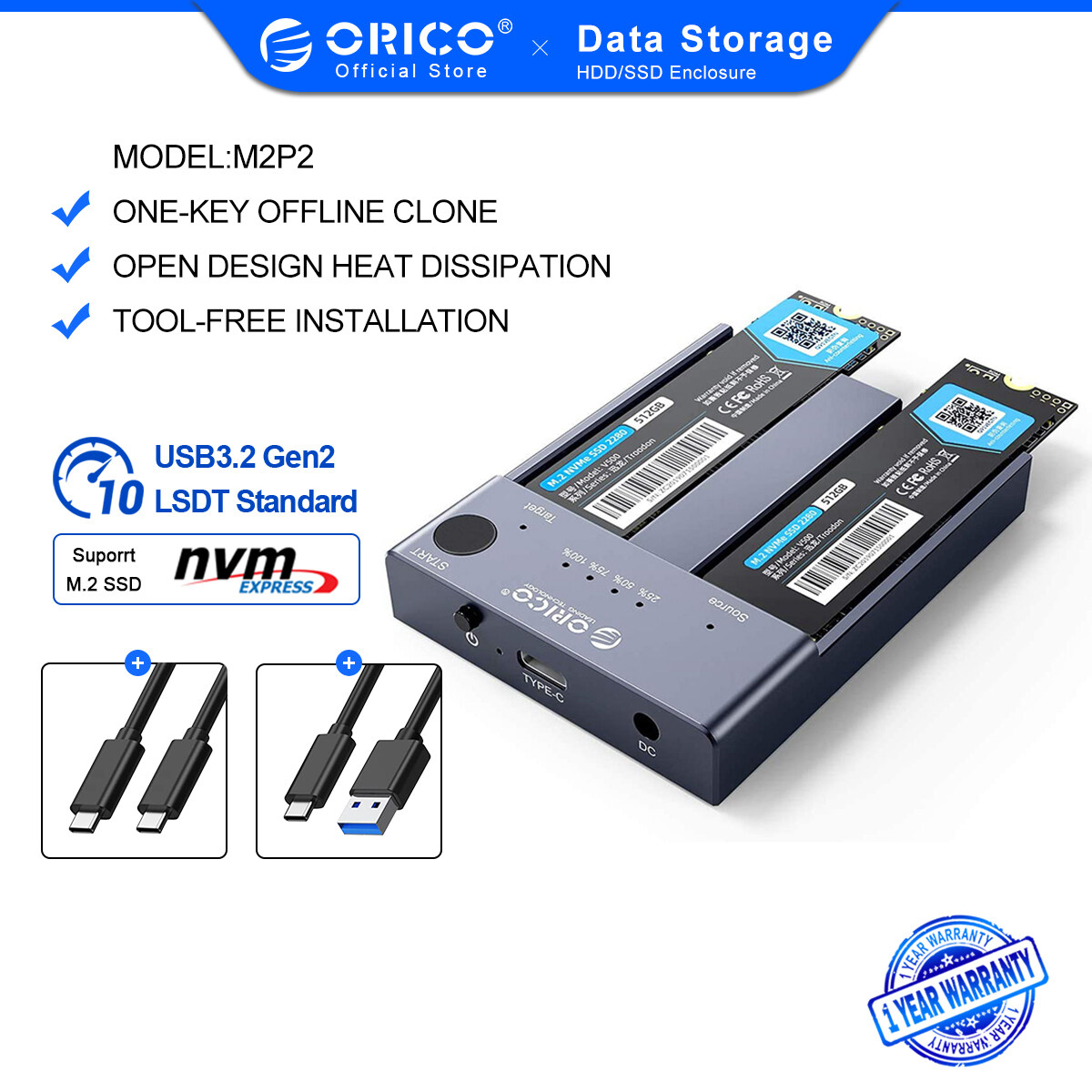 ORICO Dual-Bay NVME Docking Station ORICO Tool-Free USB C to NVME SSD Enclosure for M Key PCIe 2242 2260 2280 22110 M.2 SSDs Support Offline Clone Duplicator Function Up to 10Gbps(SSD NOT Include)