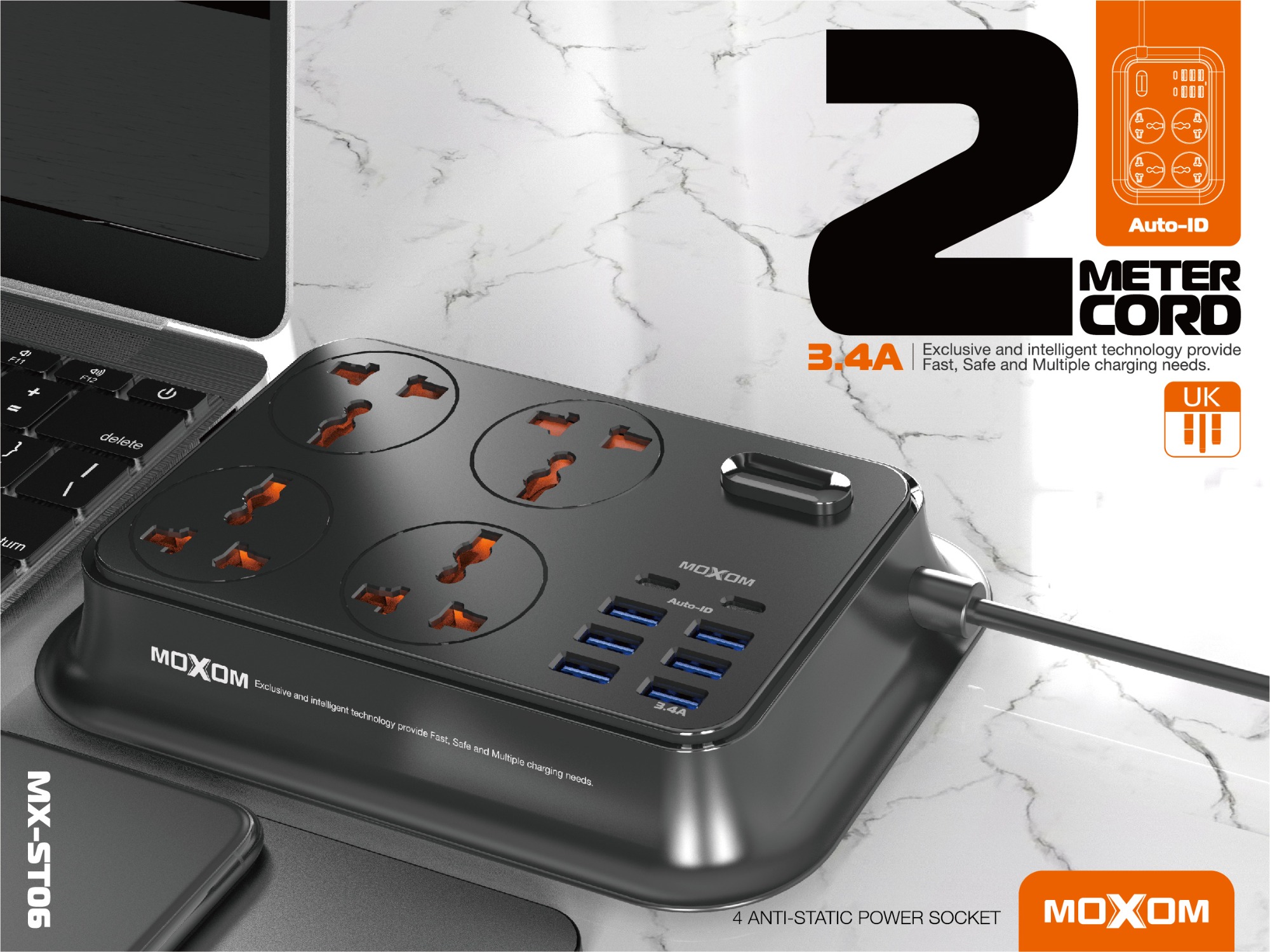 Ready Stocks | Black Moxom Smart Power 2 Metre Extension 12 in 1 Charging Station Charging Dock Fast Charging Dock Fast Charging Station with 2 Meter Cable Power Point Extension