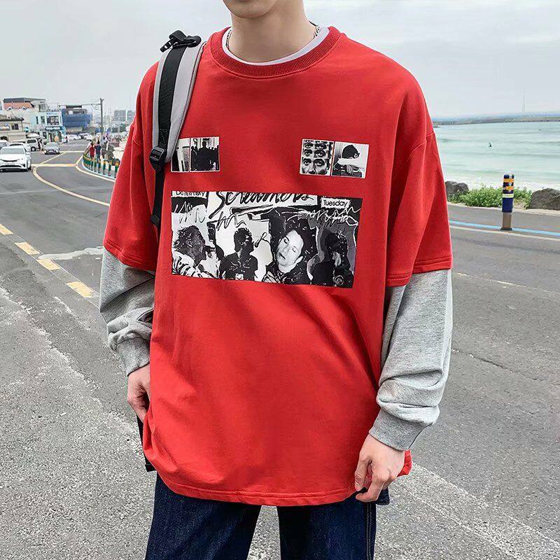 t shirt Men Long Sleeve 2 in 1 Korean Style New Oversize Graphic Print Tee  Fashion Tops Loose Casual t-shirt