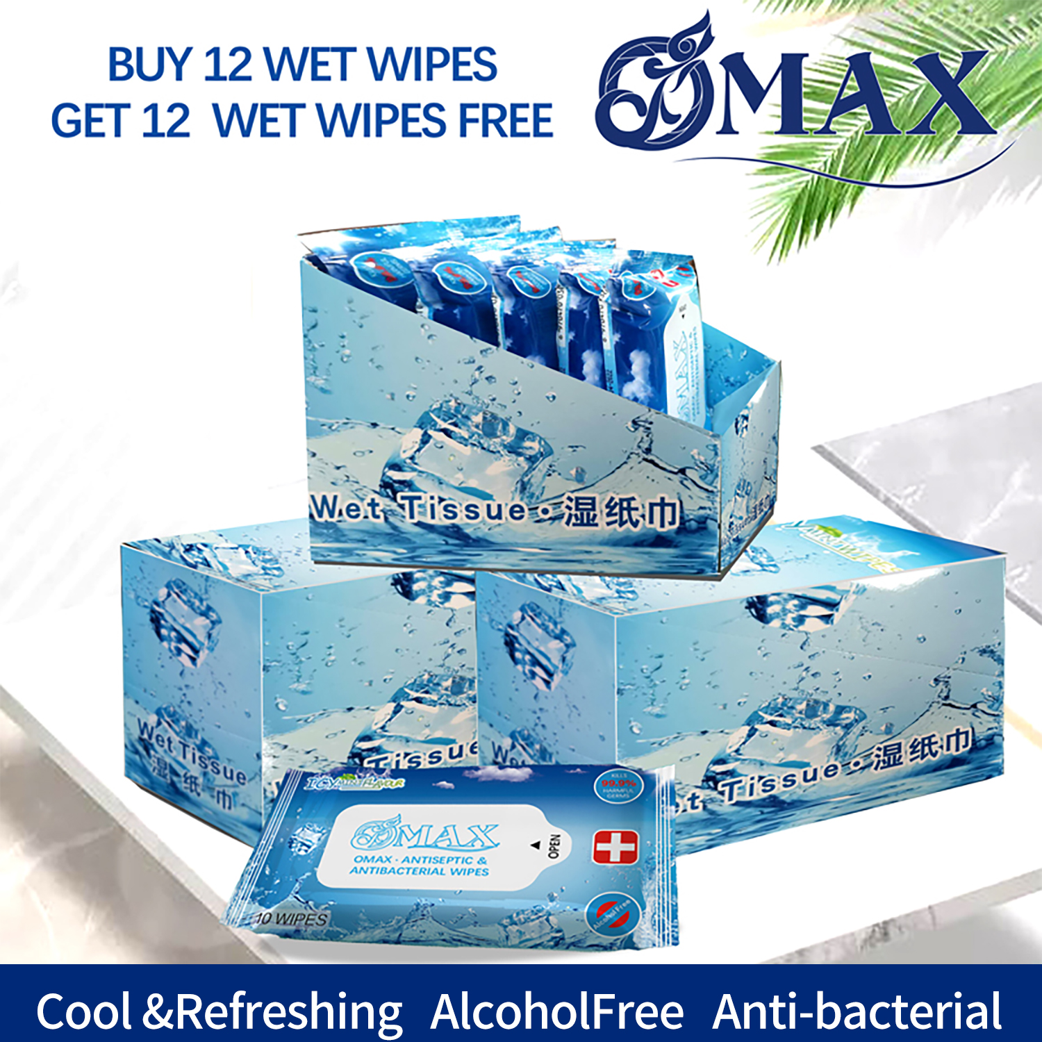 OMAX SG  / FAMILY TRAVEL ANTIBACTERIAL ICY MINT  /  TOTAL  24 PACKS OF WET WIPES