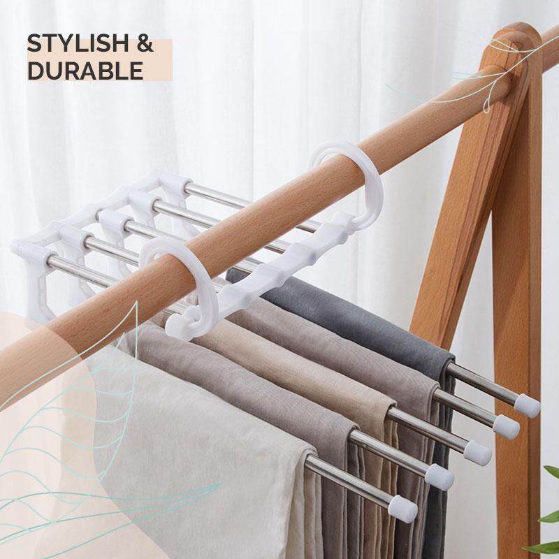 Portable 5 In 1 Pant Rack Shelves Stainless Steel Clothes Hangers Multi-functional Pants Clothing Wardrobe Hanger Clothes Rack Stainless steel pants rack Multifunctional magic multi-layer storage fold