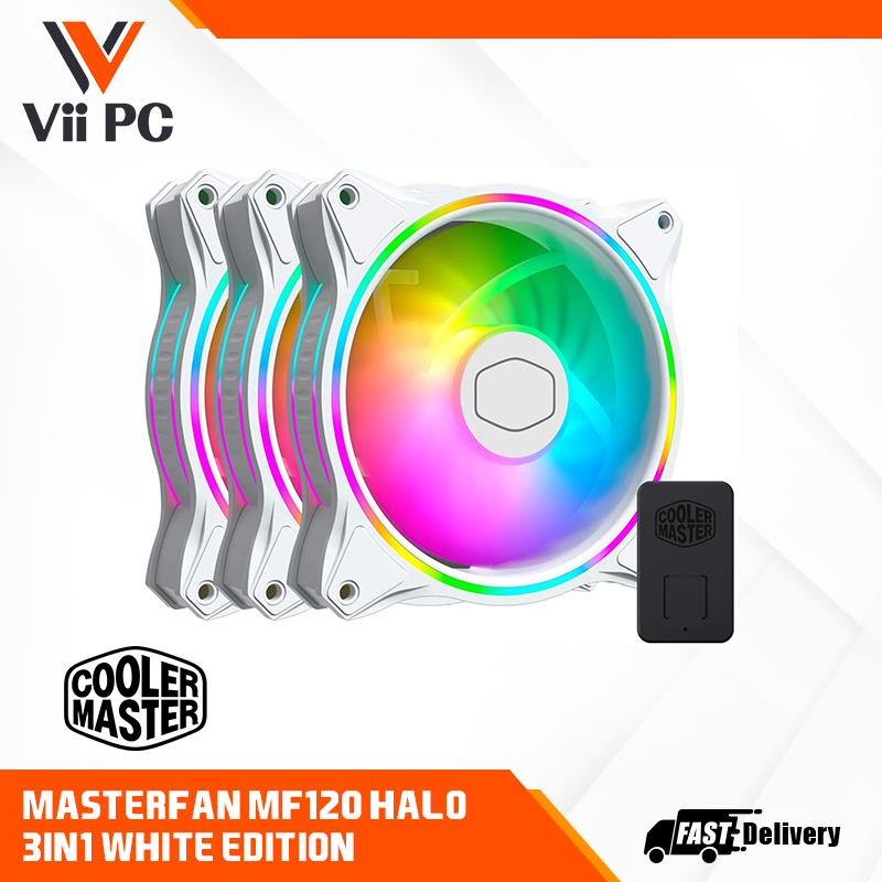 Cooler Master MasterFan MF120 Halo White Edition 3in1 Case Fan, 1800 RPM, 47 CFM, Dual Loop ARGB Lighting, 24 ARGB LEDs, 9-blade Design, Air Balance Design, Silent Cooling Technology, Jam Protection, 