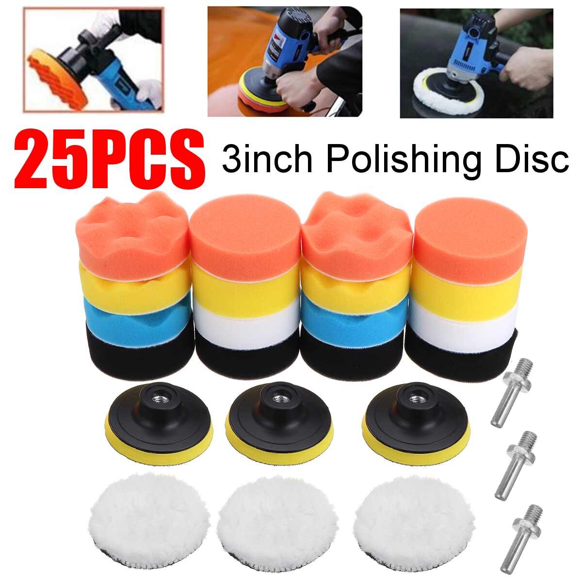 25Pcs 3inch Polishing Sponge Wheel Buffing Pad Set for Glass/Car Polisher with 2pcs M10 Drill Adapter Pad Set For Car Polisher