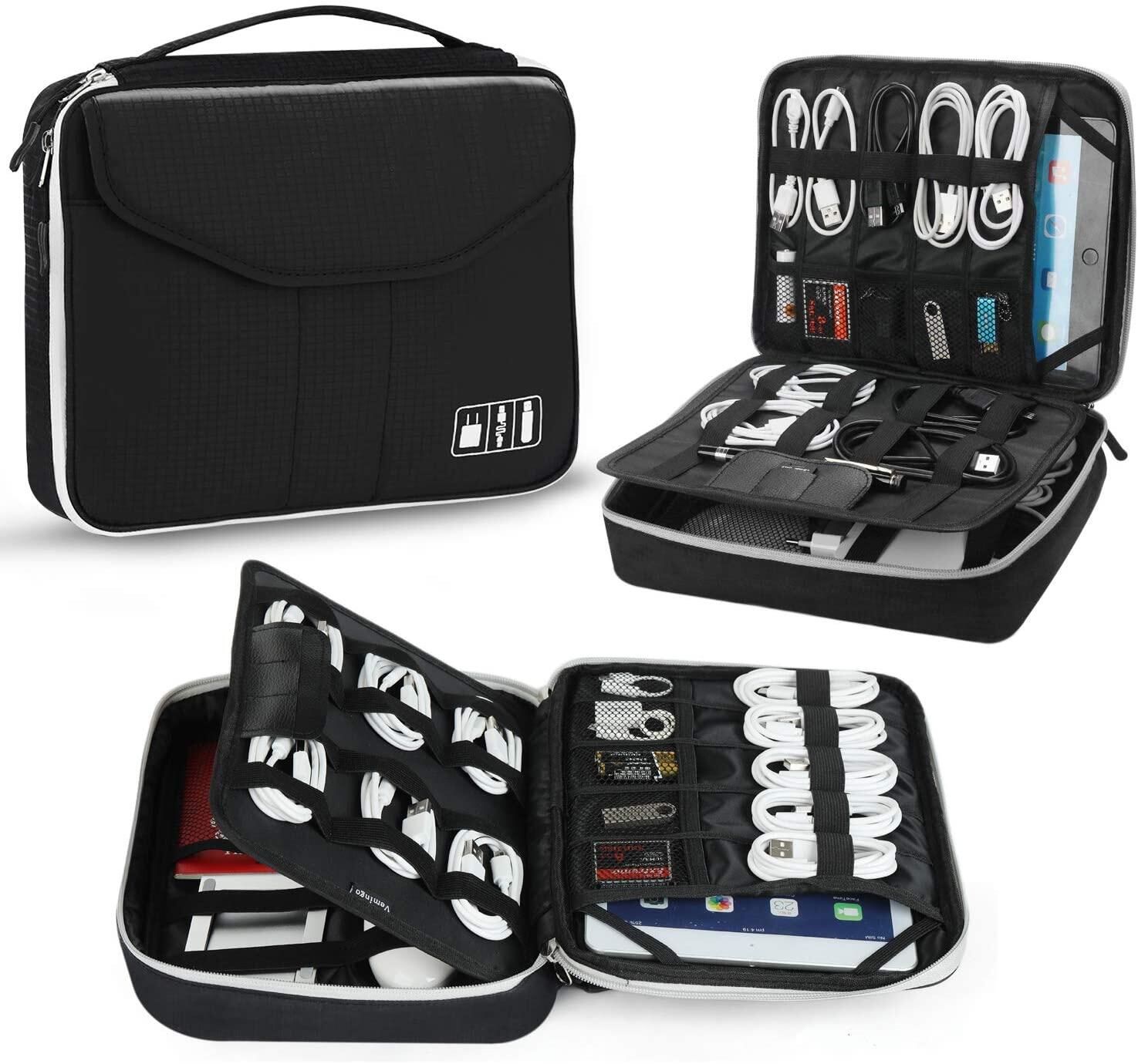 Electronic Organizer, travel Organizer Bag Electronic Accessory Case Cable Organizer Bag Double Layer for USB Cables, Charger, Phone, E-book Kindle, iPad or Tablet(up to 9.7’’)