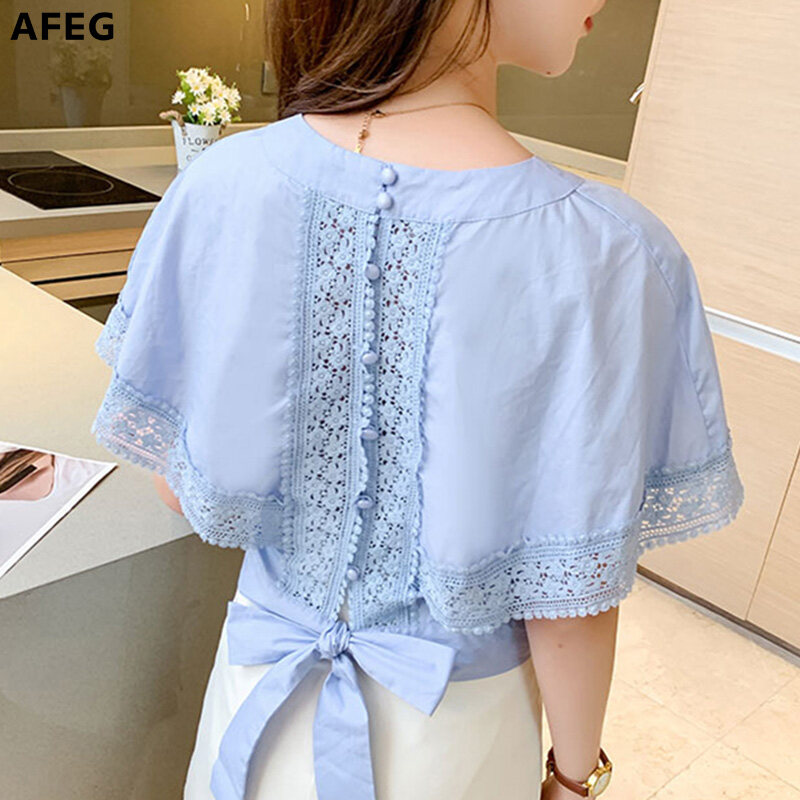 AFEG Round neck lace back lace shirt women slim slimming hollow short-sleeved blouse