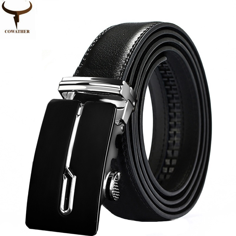 Men 3.5cm Dress Belts, COWATHER Ratchet Genuine Leather Casual Belts Slide Casual Classic Leather Belt for Men with Automatic Lock Buckle. Size Customized