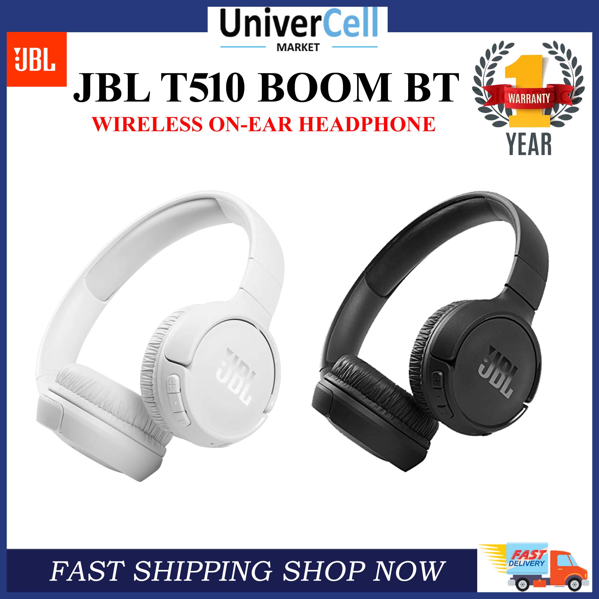 JBL Tune 510BT, On Ear Wireless Headphones with Mic, up to 40 Hours Playtime, JBL Pure Bass, Quick Charging, Dual Pairing, Bluetooth 5.0