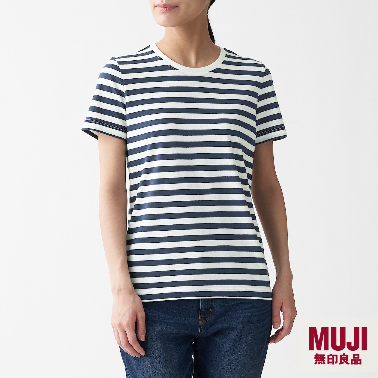 MUJI Ladies Indian Cotton Jersey Stitch Border Crew Neck Short Sleeve T-Shirt