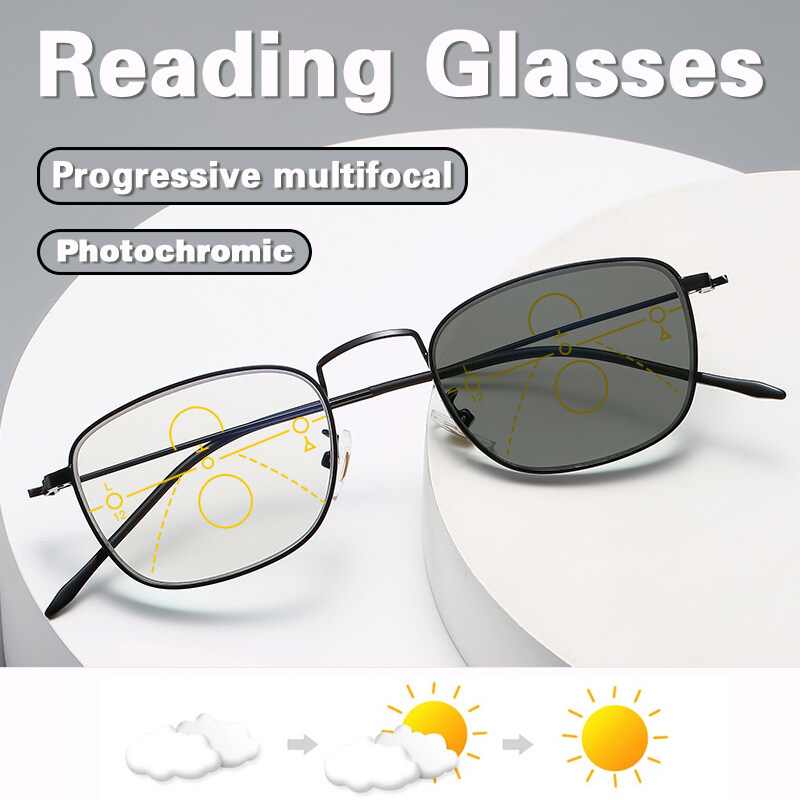 4 in 1 Reading Glasses Progressive Multi-Focus + Photochromic +Anti Blue Light Women Men Ladies Presbyopia Glasses With Grade