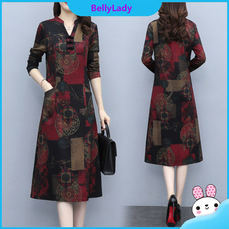 Women V Neck Dress Stylish Retro Printing Long Sleeves Large Size Loose Casual Dress