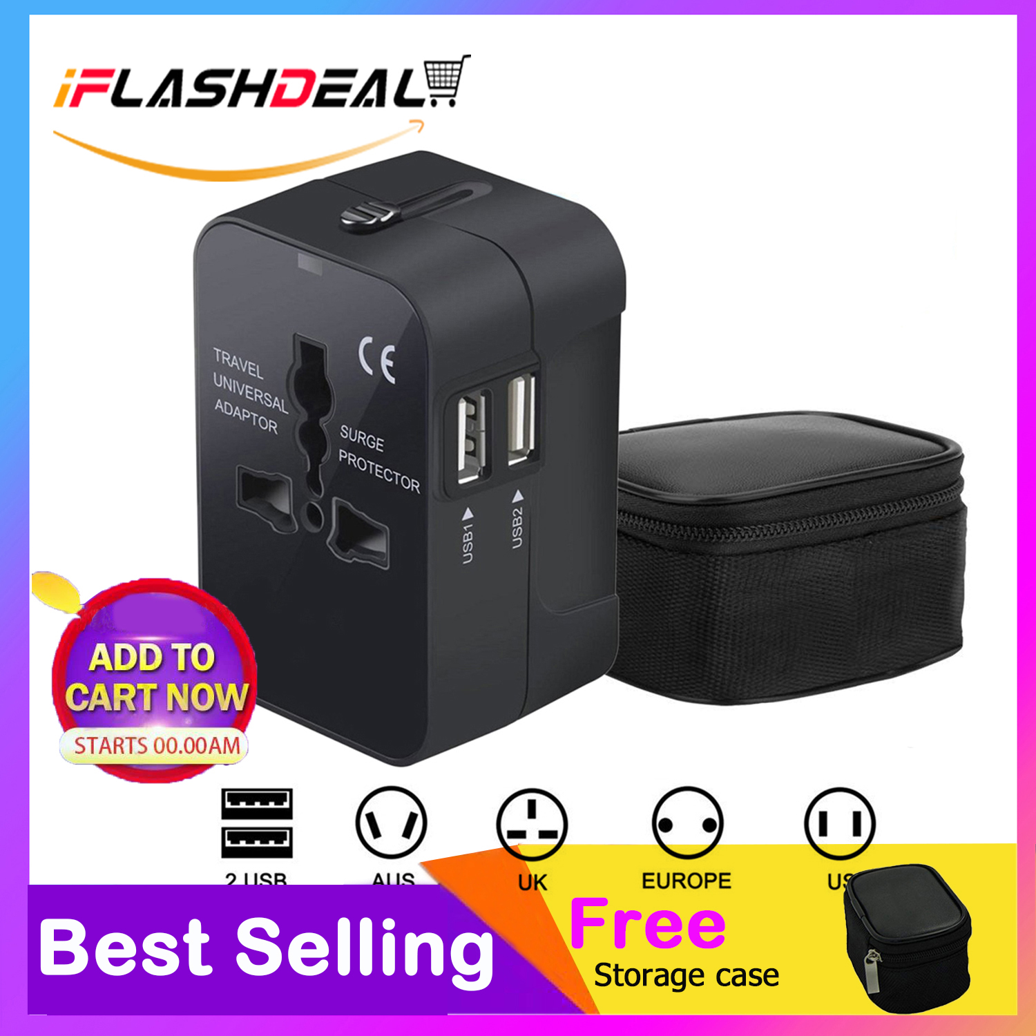 iFlashDeal Travel Adapter 2.1A Fast-Charging 2 USB Ports Travel Adapter Converters International Wall Charger Adapter Travel Plug for UK/USA/EU/AUS 200 Countries Universal Adapter Plug