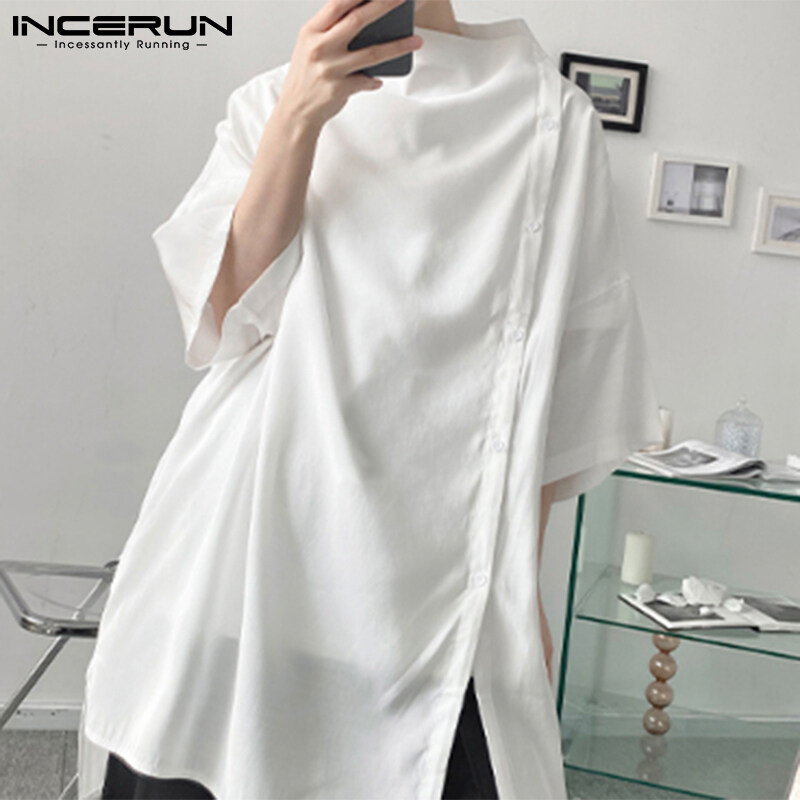 INCERUN Mens Short Sleeve High Neck T Shirts Plain Blank Tee Button Hem Tops (Korean Style)