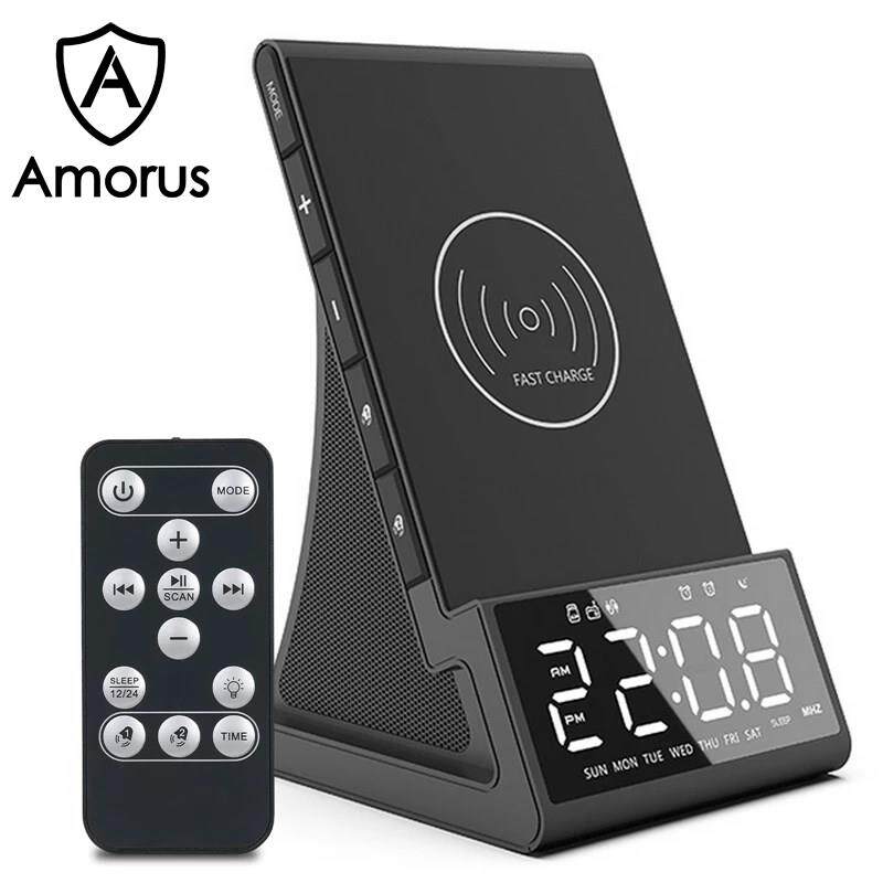 Amorus Bedside Radio Alarm Clock with USB Charger Bluetooth Speaker QI Wireless Charging LED Display