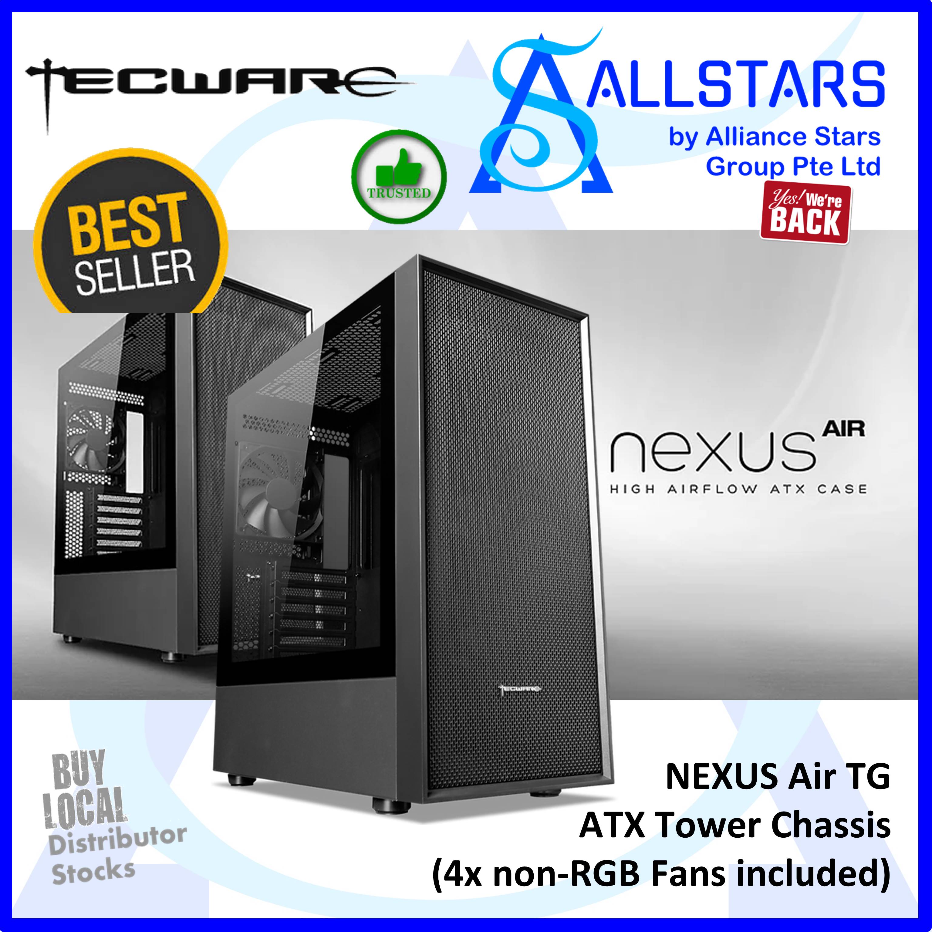 (ALLSTARS : We are Back / DIY PROMO) Tecware NEXUS Air TG (Black) ATX Tower Chassis (CA-NEXATBK) / Casing / Case / fit ATX / MATX / ITX / comes with 4x120mm non-RGB Fans / Very good ventilation / Temp