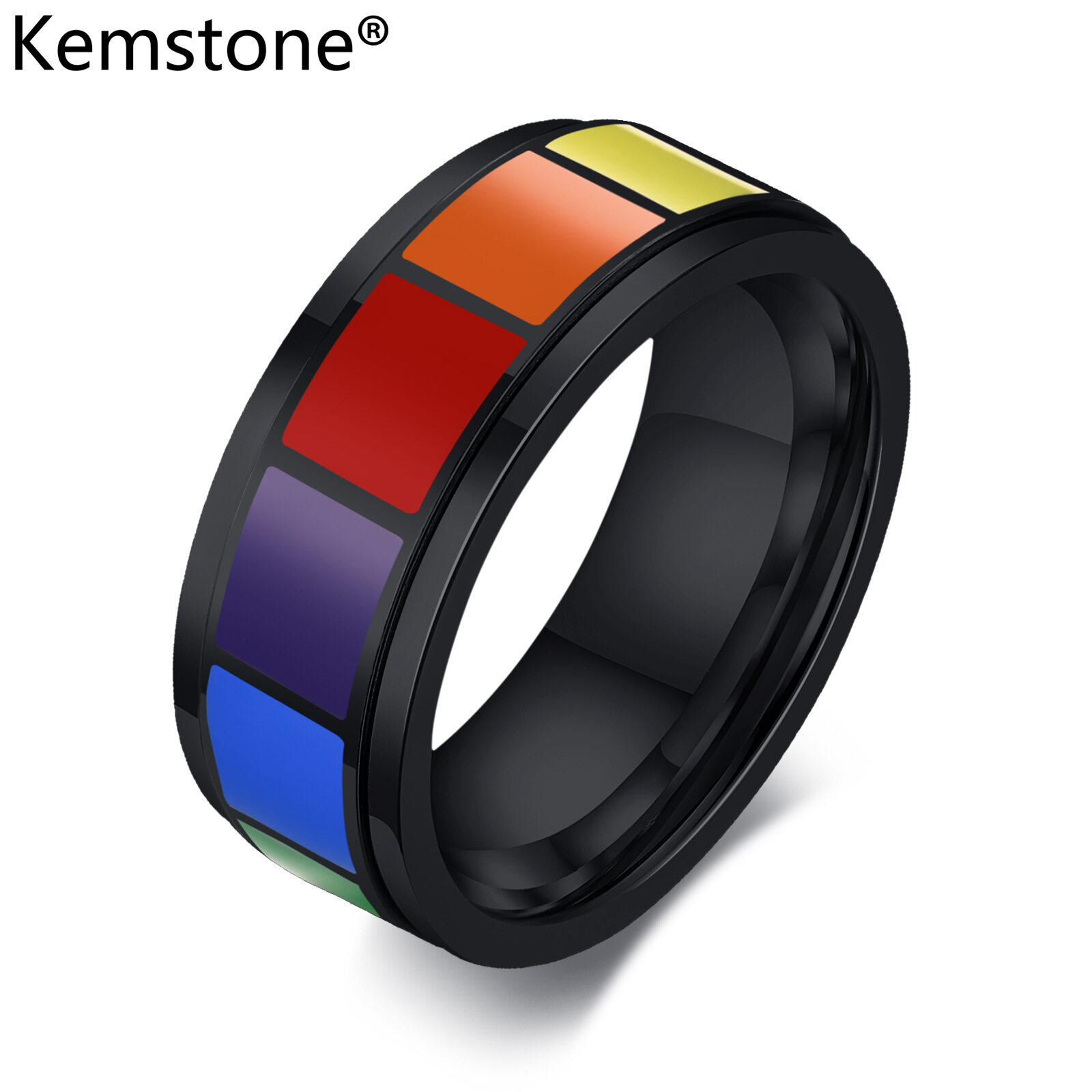 Kemstone Rotatable 8MM Stainless Steel Enamel Pride Spinner Ring Jewelry for Men Boy Friend