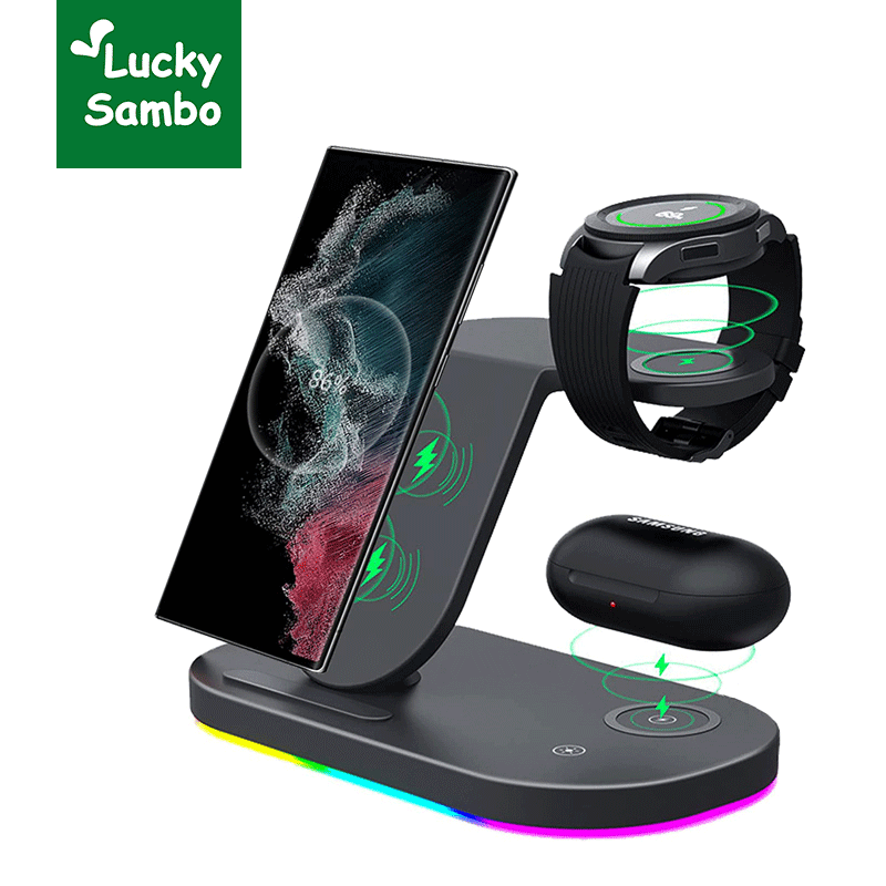 LuckySambo 3 in 1 Android Wireless Charger for Samsung Devices, Wireless Charging Station for Samsung Galaxy S22/S22+/S22 Ultra/S21/S20/S10/Note20/Note10, Galaxy Watch 4/3,Galaxy Buds/Pro/+/Live Black