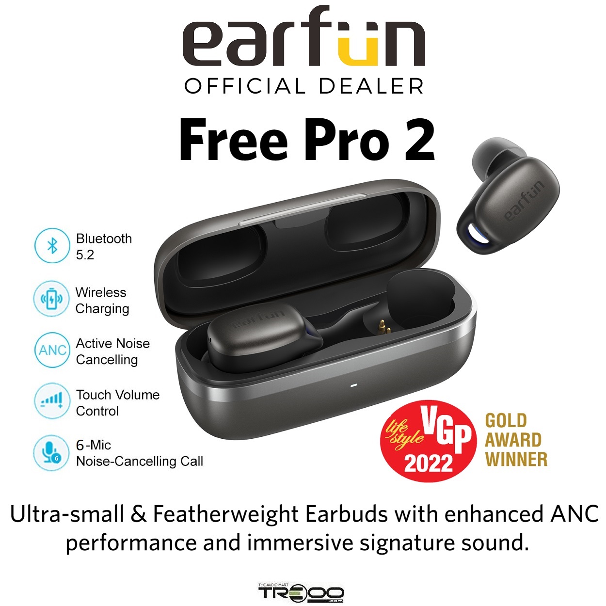 EarFun Free Pro 2 IPX5 Water-Resistant True Wireless Bluetooth 5.2 Noise-Cancelling In-Ear Earphone with Microphone