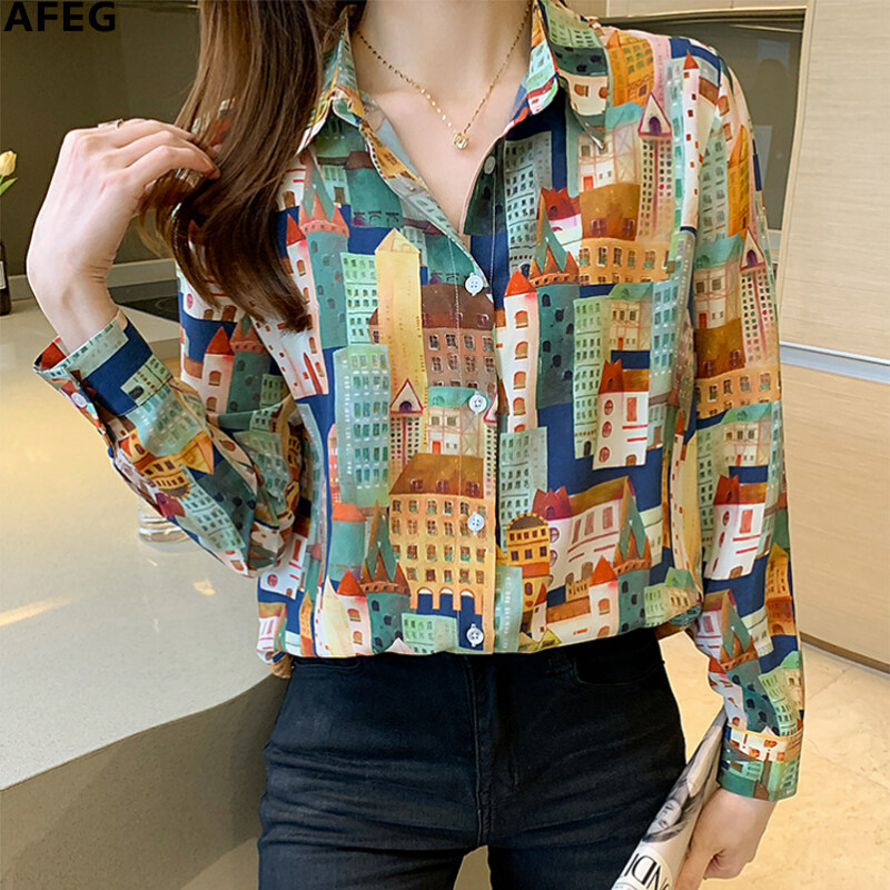 AFEG new Korean shirt collar fashion loose wild retro chiffon long-sleeved blouse for women