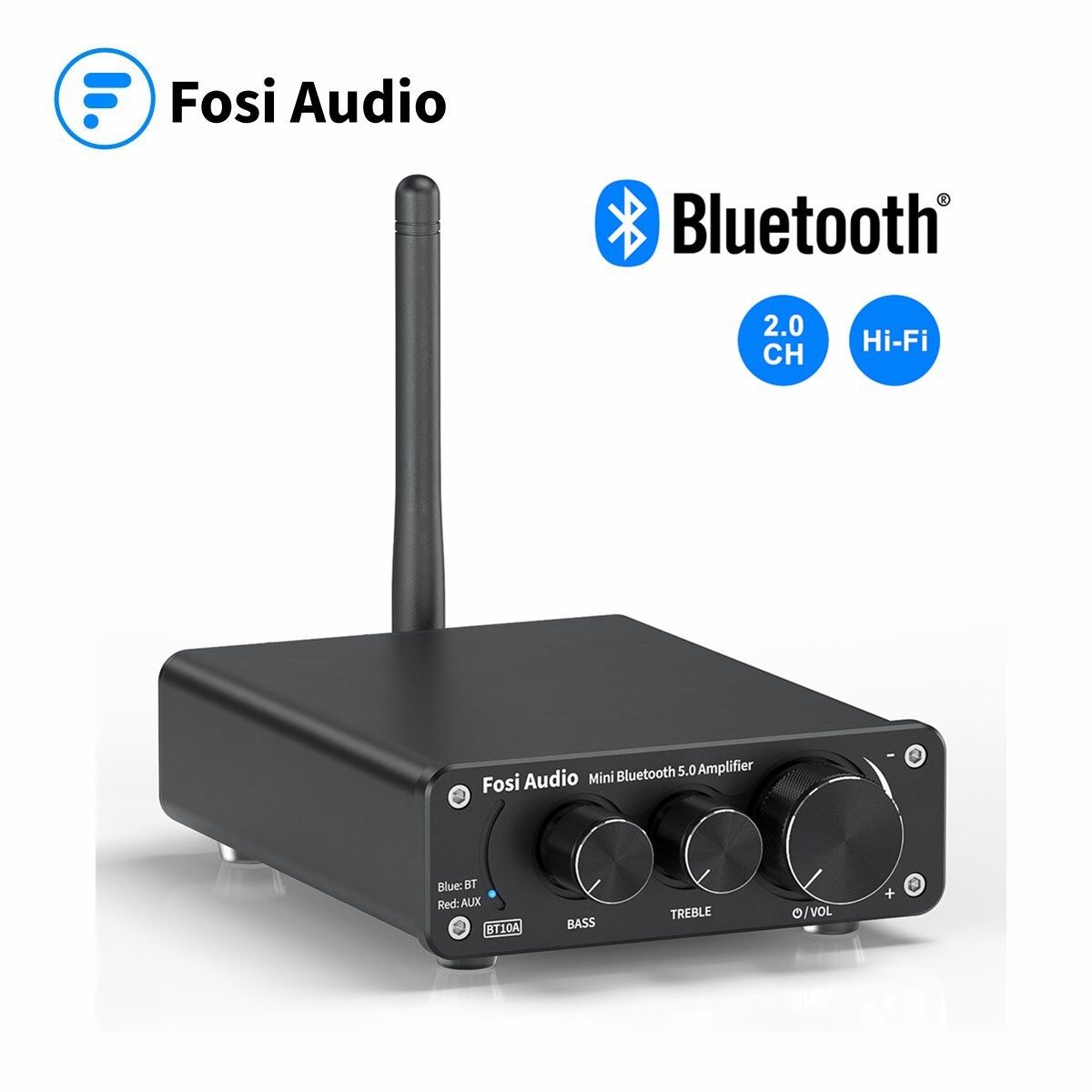 Fosi Audio Bluetooth 2 Channel Sound Power Stereo Amplifier TPA3116D2 Mini HiFi Digital Amp for Speakers 50W BT10A Treble & Bass With 19V Power Supply