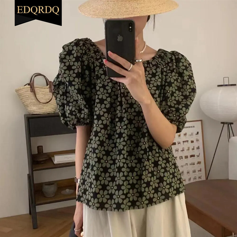 EDQRDQ Womens Oversized Floral Blouse Off Shoulder Puff Sleeves Chiffon Flowy Tops