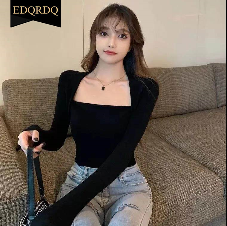 EDQRDQ Women's Casual Square Neck Slim Fitted Basic Long Sleeve Solid Crop Tee Top