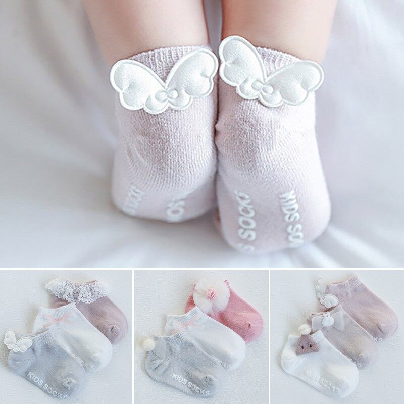 3 Pairs/Lot Newborn Baby Socks Lace Flower Wings Socks Anti Slip Floor Socks