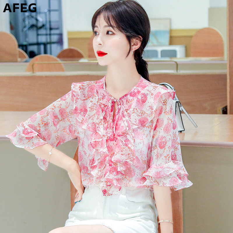AFEG Korean style women's short-sleeved floral chiffon blouse for women