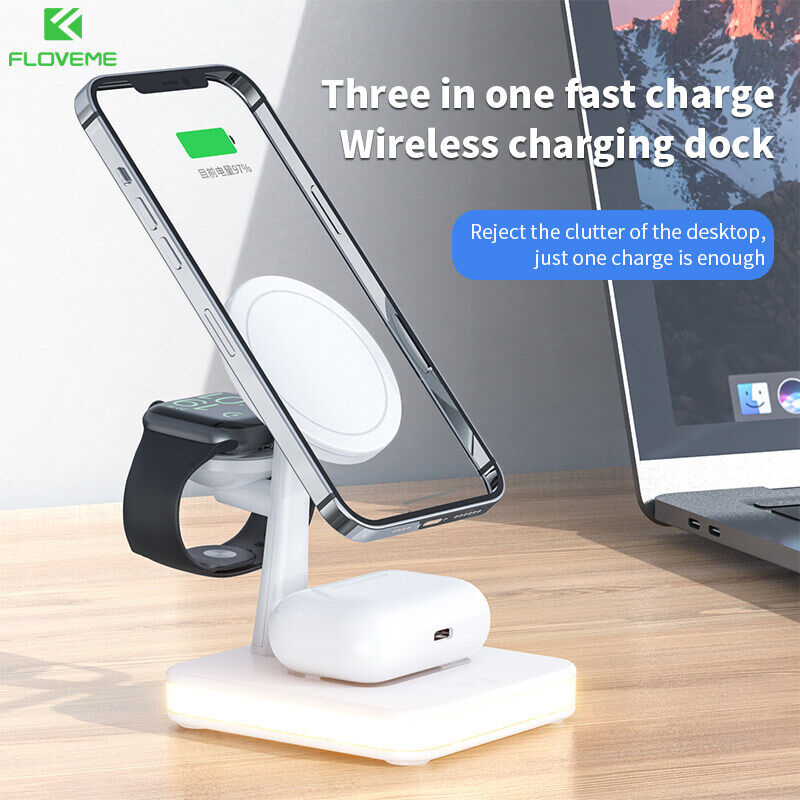 Floveme 25W Qi Magnetic Attraction Fast Wireless Charger for IPhone 14  Pro Max 13 12 11 Apple Watch 4 In 1 Charging Dock Station Airpods Pro Qi Fast Charging Dock Station For Apple Watch 8 7 6 5 4 3 