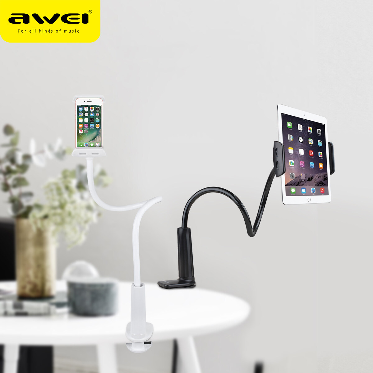 Awei X3 White Lazy Phone Holder 360 Rotating Fexible Universal Available Desk bed Holder Long Arm Lazy Phone Holder Adjustable Desktop Bed Tablet Clip For Mobile Phone Pad and Tablet PC
