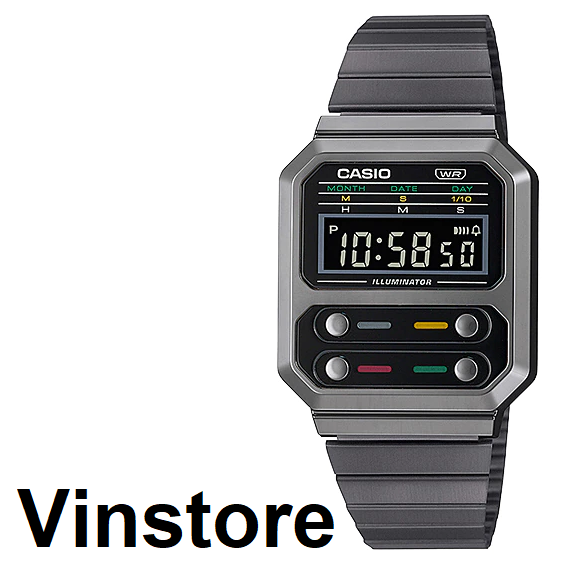 [Vinstore] Casio A100 "Pac Man" Adjustable Grey IP Stainless Steel Strap Quartz Digital Tribute Alien Men Watch A100WEGG-1ADF A100WEGG-1A A100WEGG-1
