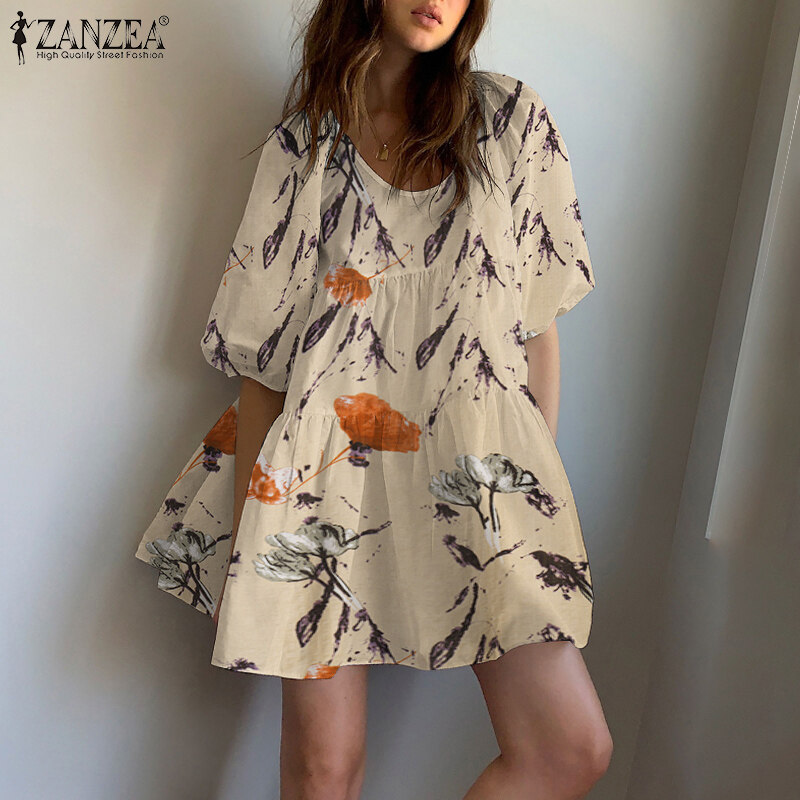 ZANZEA Women Floral Puff Sleeve Sundress Vintage Retro Print Bohemian Mini Dress