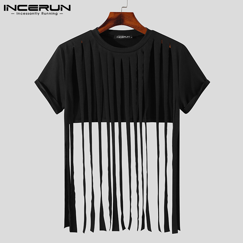 INCERUN Mens Tassel Ripped Hollow Out Crop Tops Short Sleeve Party Clubwear T Shirt (Western Style) #3