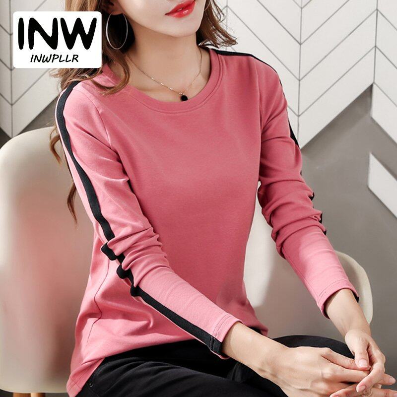 INWPLLR All-match Women T-Shirts O-Neck Stitching T-shirts Autumn Korean Long Sleeve Tops Casual Ladies Tops Tees Plus Size