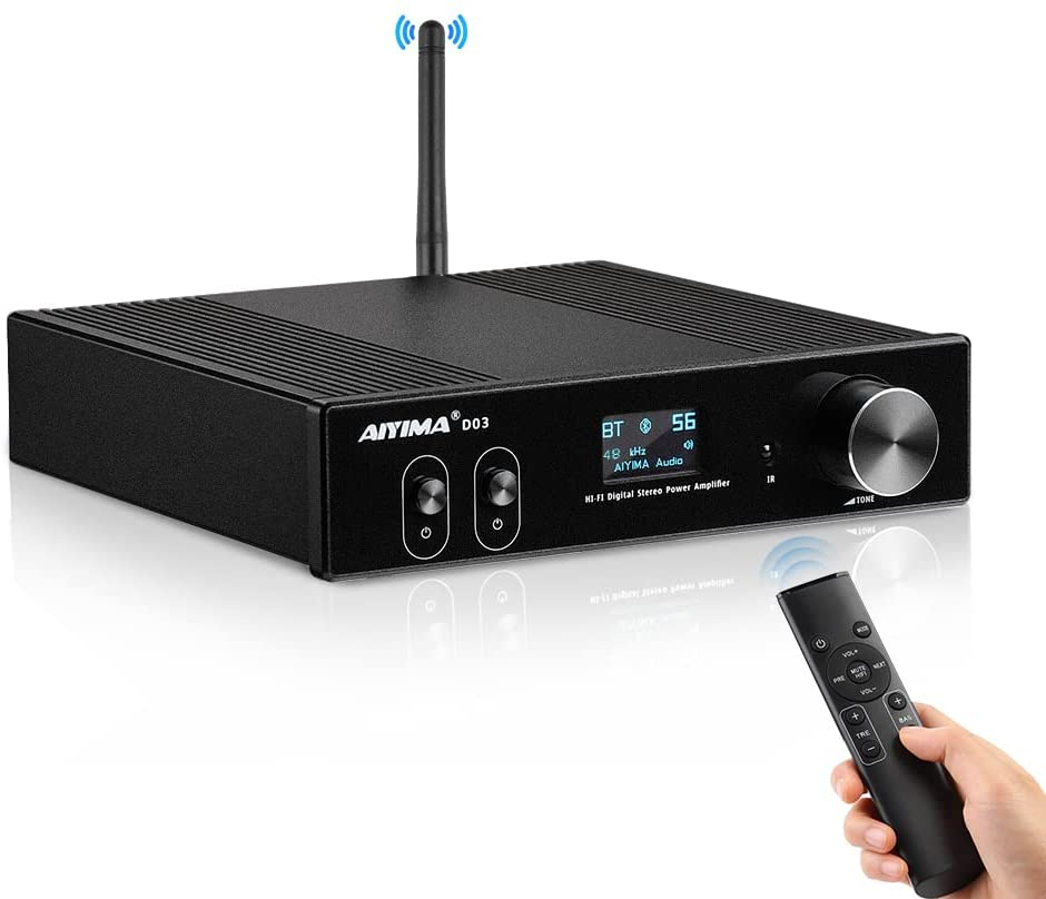 AIYIMA D03 Bluetooth 5.0 Power Amplifier 150 Watt x 2 Stereo HiFi 2.1 CH Digital Sound Amplificador 24Bit/192kHz Class D Amp USB DAC Coaxial Optical OLED AptX, Support Subwoofer & with Remote (D03)