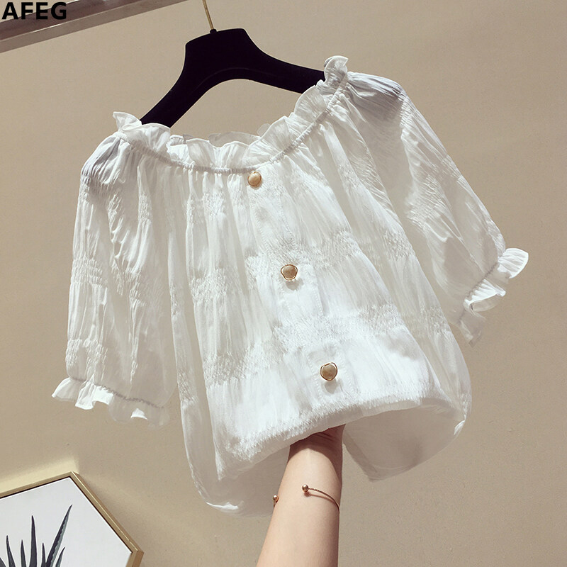 AFEG solid color new Korean version of the word collar fashion casual all-match short-sleeved blouse for women