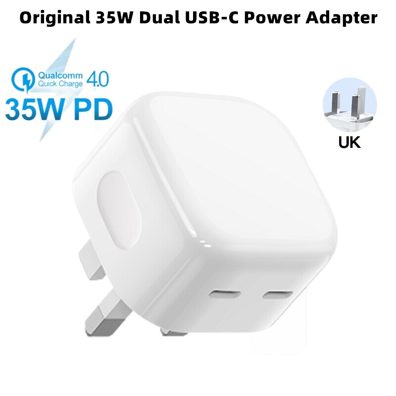 Original 35W USB-C Power Adapter For iPhone 14 13 12 11 Pro Max 14 Plus XS XR XS Max iPad Pro Macbook Dual Type C Port PD Fast Charging UK Plug Wall Charger