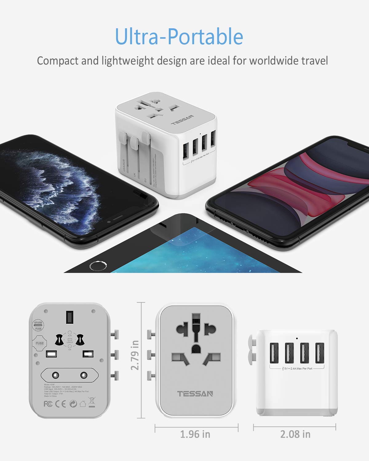 International Travel Adapter with 4 USB Outlets+1 Universal Outlets,TESSAN Universal Travel Adapter European Plug Adaptor Worldwide All in One USB Charger Converter Travel Plug USB Charger Power Adapt