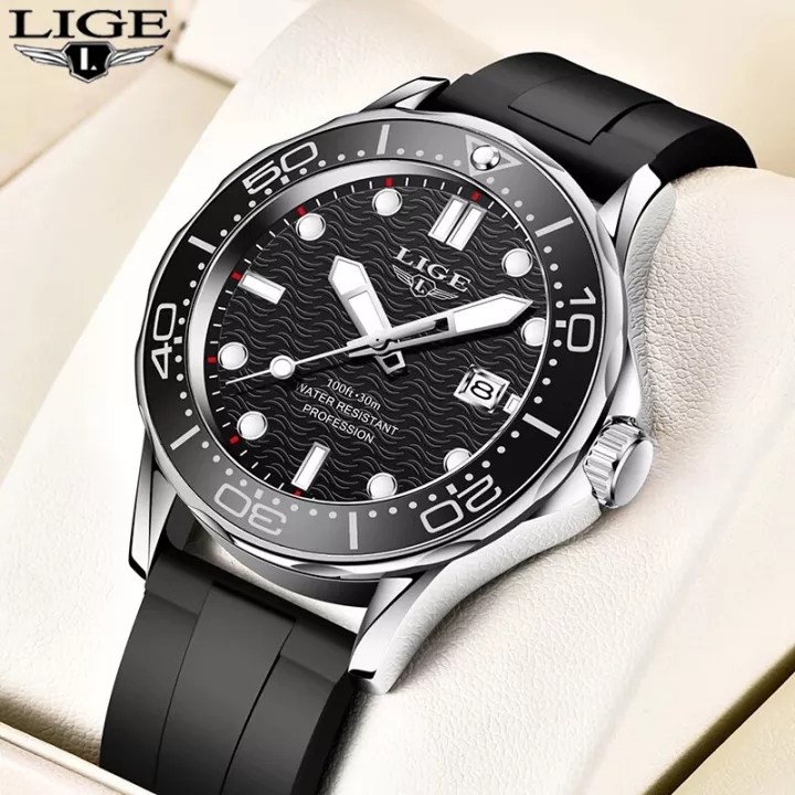 LIGE Sport Diver Watches For Men Stainless Steel Waterproof Date Clocks Men Watch Military Quartz Watch + Box